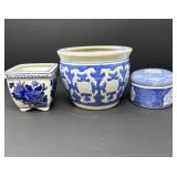 Blue and White Planters and Trinket Box