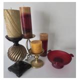 Red Glass Bowl with Candlestick and Candles