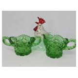 Cut Glass Sugar and Creamer with Glass Rooster