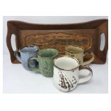 Wood Tray and Pottery Mugs