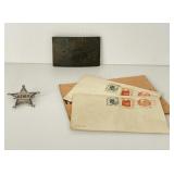 Pony Express Belt Buckle, Stamps and Usher Badge
