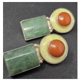 Sterling Clip-On Jade and Red Coral Earrings