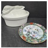 Ceramic Bunny Lid Casserole and Hummingbird Plate
