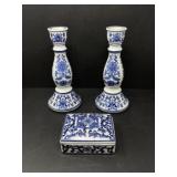 Blue and White Candle Sticks with Match Box