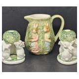 Majolica Bunny Pitcher and Pair Bunny Candlesticks