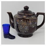 Vintage Painted Teapot and Blue Glass Toothpick