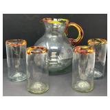 Handblown Art Glass Pitcher and  Four Glasses