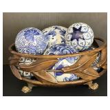 Footed Metal Bowl with Chinoiserie Orbs