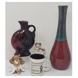 Vase, Red Glass Jug and Abe Lincoln Coffee Cup