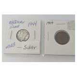 Mercury Silver Dime 1944 and Indian Cent 1909