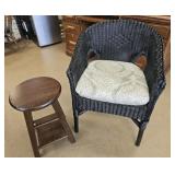 Black Wicker Chair with Cushion and Stool