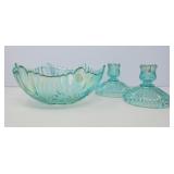 Fenton Light Blue Opalescent Bowl & Candlesticks