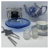 Laura Ashley Teapot, Glass Bowl, Toothpick Holders