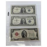 1928-G $2 Note, 1957-A,B $1 Silver Certificates