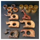 Wood Carved and Brass Tone Napkin Rings
