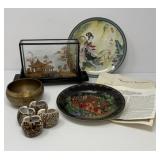 Asian Plates, Carved Cork, Brass Bowl,Napkin Rings