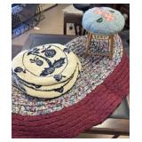 Six Chair Pads, Rag Rug, Hooked Rug Stool