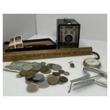 Vintage Camera, Stamps , Coins, and Pocket Watch