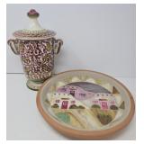 Hand Painted Lidded Ceramic Jar and Tuscan Plate