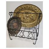 Pair of Decorative Metal Platters, Magazine Holder
