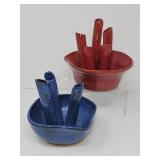 Pair of Pottery Ikebana Flower Frog Bowls