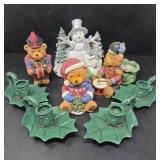 Christmas Resin Bears Snowman and Candlesticks