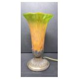 Tulip Lamp Green and Amber Shade Metal Base