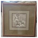 Framed Petroglyph-Style Mountain Sheep Signed
