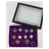Two Sterling Rings, 10 Semi-Precious Pendants