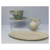 English Teacup, Belleek Creamer, Lenox Plate