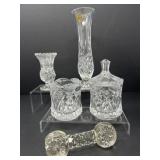 Two Glass Jars, Vases and Crystal Knife Rest