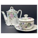 Floral Teapot, Painted Jelly Jar with Spoon, Plate