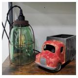 Mason Jar Pendant Light and Ceramic Truck Lamp