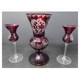 Bohemian Ruby Glass Vase and Tea Light Holders