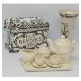 Tea Caddy, Toile Vase and Mini Tea Set