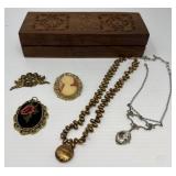 Cameo Pendant, GF Pearl Necklace in Wood Box