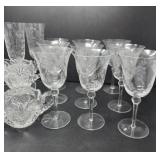 Etched Water Goblets, Glass Creamer and Sugar Bowl