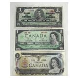 Three Vintage Canada $1 Notes