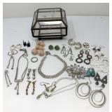 Glass Jewelry Box with Costume Jewelry Contents
