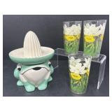 Frog Juicer and Three Anchor Hocking Juice Glasses