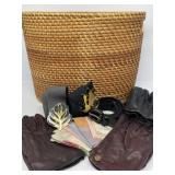 Basket with Ladies Gloves, Mittens, Hankies