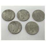 Five 1923 Peace Dollars