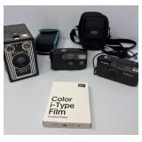 Canon, Nikon, Brownie Cameras & Two Bags & Film