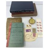 Five Vintage Books with Pocket Watch and Stamps