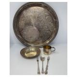 Silverplate Tray, Bowl, Cup, Pickle Forks, Spoon