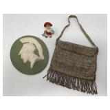 1860 Cut Steel Bead Purse, Bisque Plaque Decor