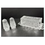 Cut Crystal Salt/ Pepper Shakers and Butter Dish