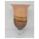 Art Glass Pedestal Vase Pale Orange and Brown