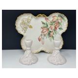 Limoges Painted Tray, Bisque Candleholders