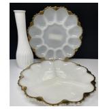 Milk Glass Egg Plate, Divided Dish, Vase